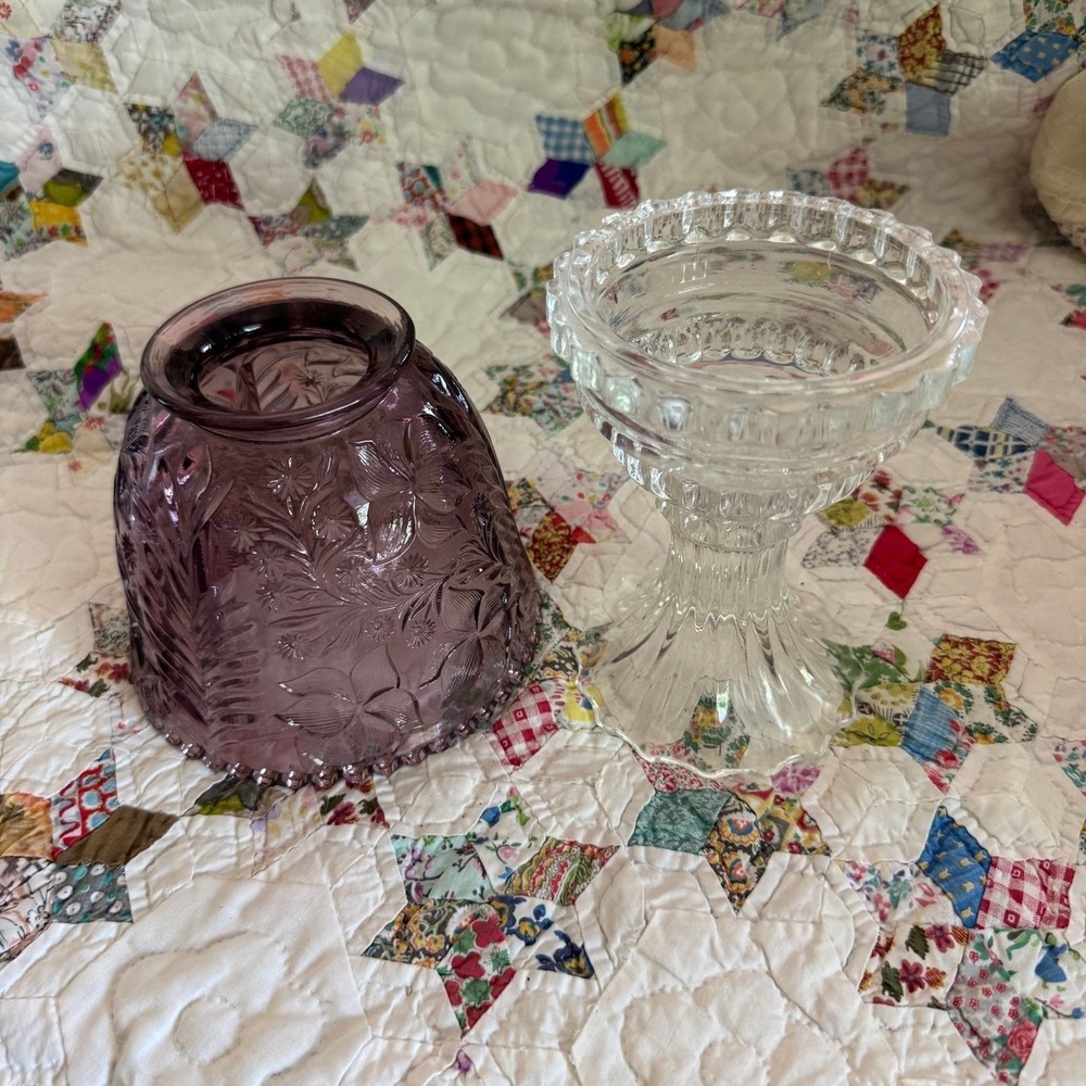Vintage Purple Pressed Glass Floral Fairy Lamp Candle Holder 2 Piece Clear Base - Picture 5 of 9